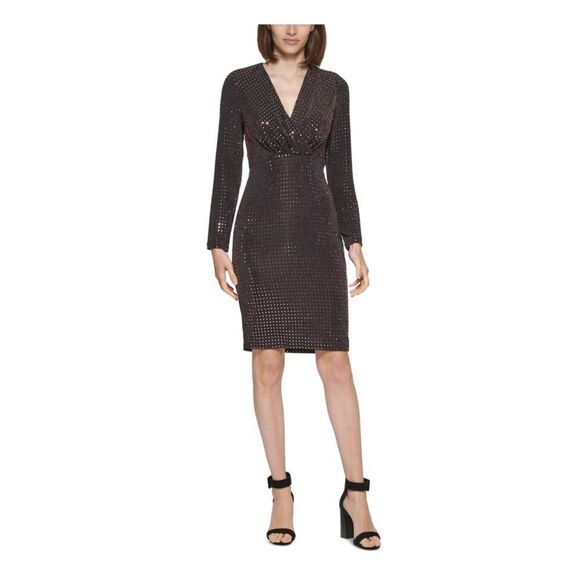 CALVIN KLEIN Sparkle Dress Womens Size 4 Black Long Sleeve V Neck Cocktail NWT - Picture 1 of 11